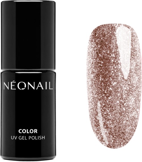 Black nail polish bottle labeled 'Neonail Color UV Gel Polish'. Glittery pink nail sample next to it.