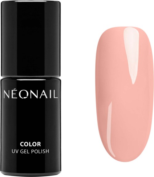Neonail färg UV-gel nagellackflaska bredvid en målad nagel i mjuk rosa.