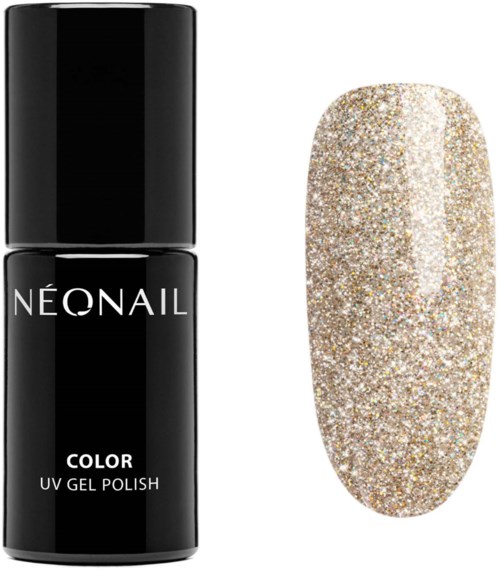 En svart nagellackflaska märkt 'NEONAiL' och ett glitterguld nagellackprov.