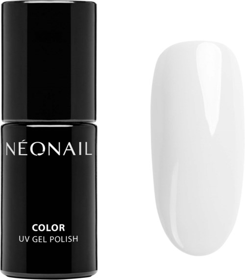 En svart flaska med NeoNail färg UV-gelgelnagellack bredvid en vit, oval formad nagelmodell.