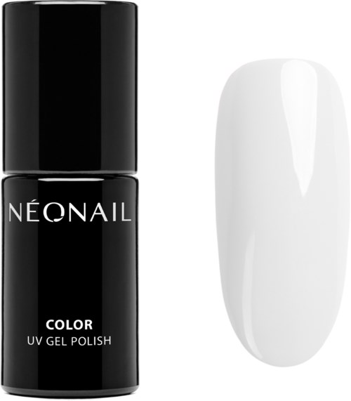 A black bottle of Neonaill UV gel polish and a white nail sample. The bottle has white text and a black cap.