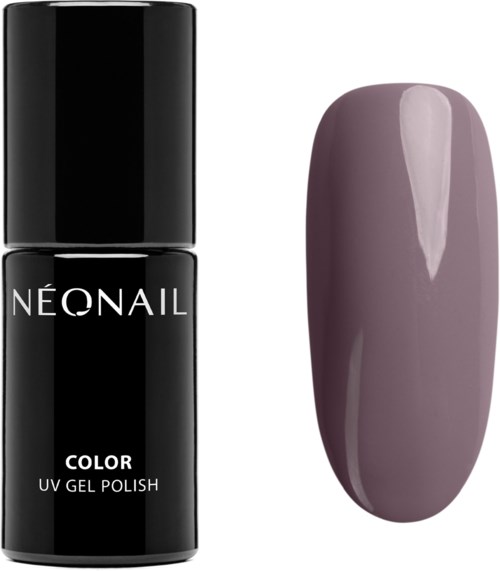 A black nail polish bottle labeled 'Neonail' next to a painted nail with purple gel polish.
