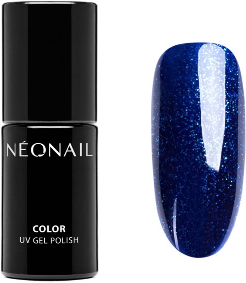 En svart flaska märkt 'Neonail Color UV Gel Polish' och ett blått, glitteringenägg målat med det.