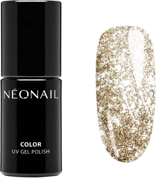 En svart flaska med NeoNail färg UV-gel nagellack och en nagel med guldglitter.