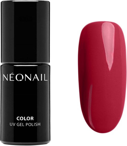 En svart flaska märkt 'Neonail' och en röd målad nagel med glänsande, slät yta.