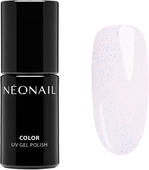 Svart nagellackflaska märkt 'NEONAIL COLOR UV GEL POLISH' och en vit, glitterig nagellacksprov.