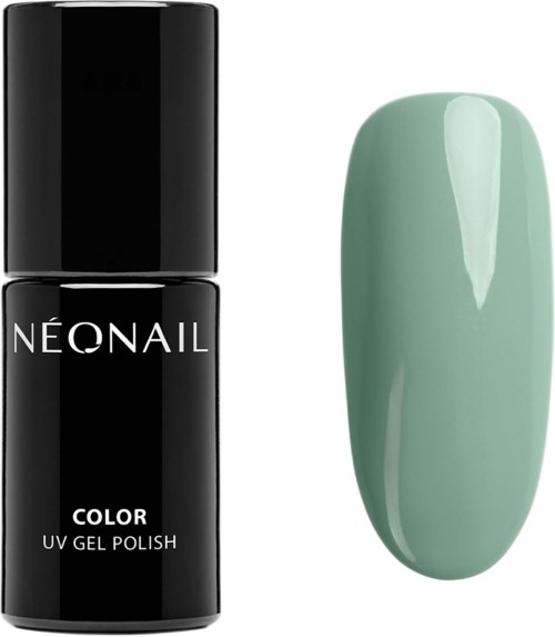En svart flaska med NEONAIL UV-gel nagellack och ett konstnagellack i mintgrönt som visar dess färg.