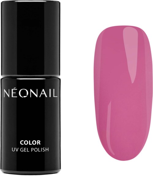 A bottle of NEONAIL color UV gel polish next to a painted pink nail.