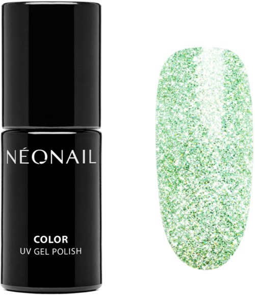 En svart flaska märkt 'NÉONAIL' med en provsträng av grönt glittergel nära.
