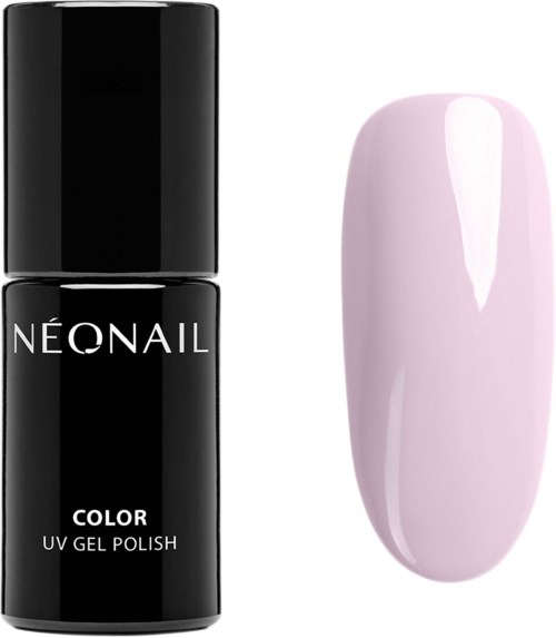 En svart flaska med neongelnagellack bredvid ett ljust rosa, ovalt nagleksempel.