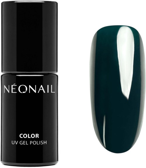 A black nail polish bottle and a long dark teal painted nail. The bottle has white text that says 'NÉONAIL' and 'COLOR'.