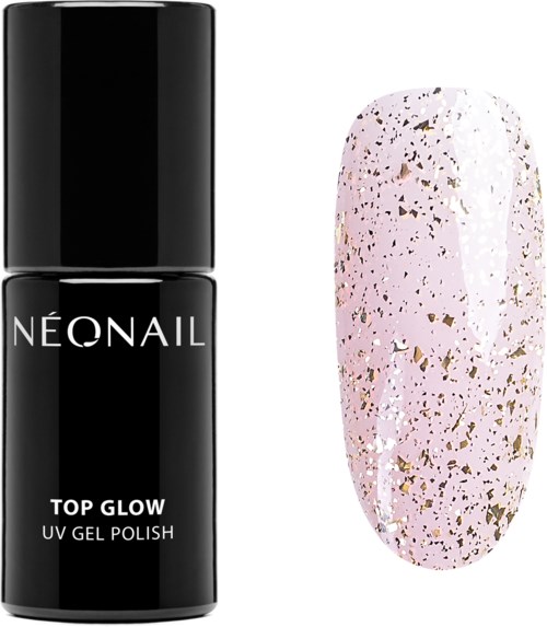 Black bottle labeled 'Neonail Top Glow UV Gel Polish' next to a decorated, light pink nail with gold specks.