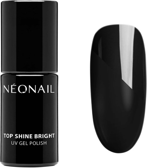 A black nail polish bottle labeled 'NÉONAIL Top Shine Bright UV Gel Polish' and a black oval nail sample.