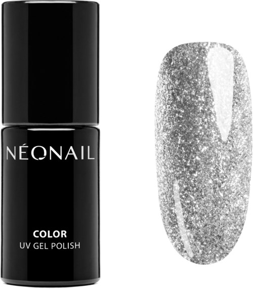 A black bottle of NeonaIL UV gel polish next to a painted nail with glittery silver color.