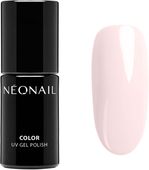 A black bottle of NeoNail UV gel polish and a soft pink painted nail.