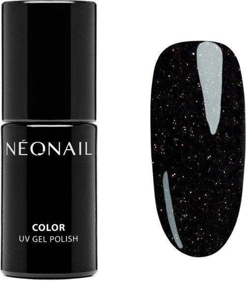 Black nail polish bottle with galaxy glitter, next to a swatch showing sparkly, dark polish with stars.