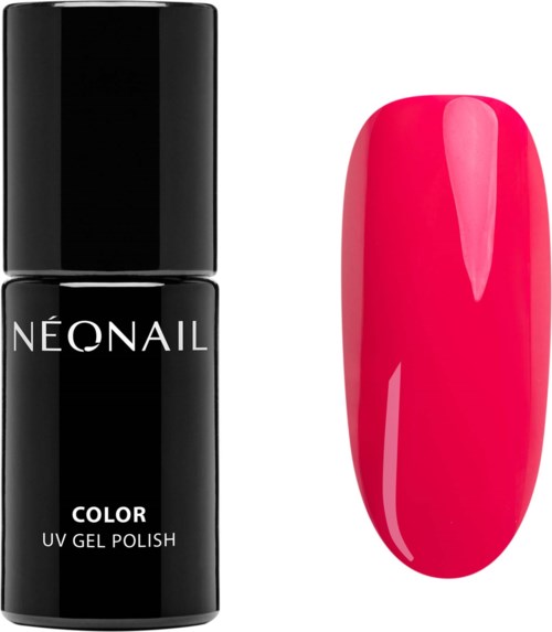 En svart nagellackflaska och ett pinkmålat nagelprov som visar en klar, glänsande färg.