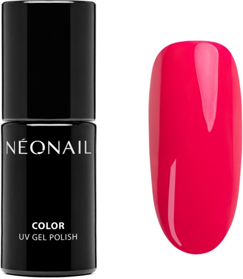 A black bottle of NeoNail color UV gel polish next to a bright pink painted nail. Simple and colorful.