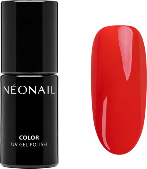 En svart flaska med NÉONAIL gel-lack och en röd manikyr. Flaskan visar att det är en UV-gel-färg.
