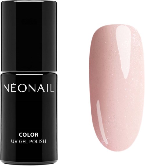 A black bottle of Neonail UV gel polish next to a pink, glittery nail sample.