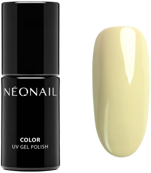 En svart flaska märkt 'Neonail Color UV Gel Polish' och en glansig, krämig gul nagelprov.