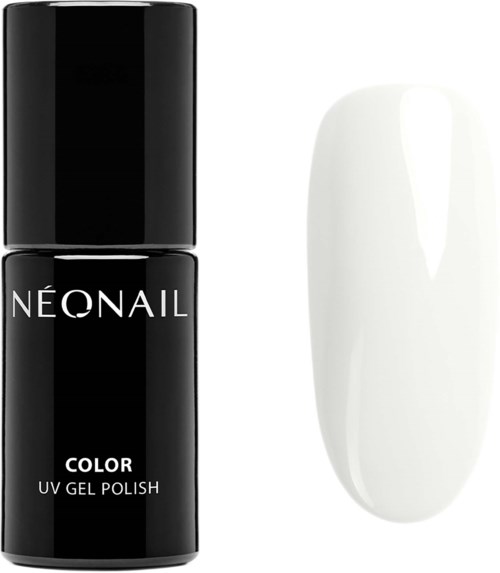 En svart flaska märkt 'NEONAIL' och en vit, oval formad nagelprov.