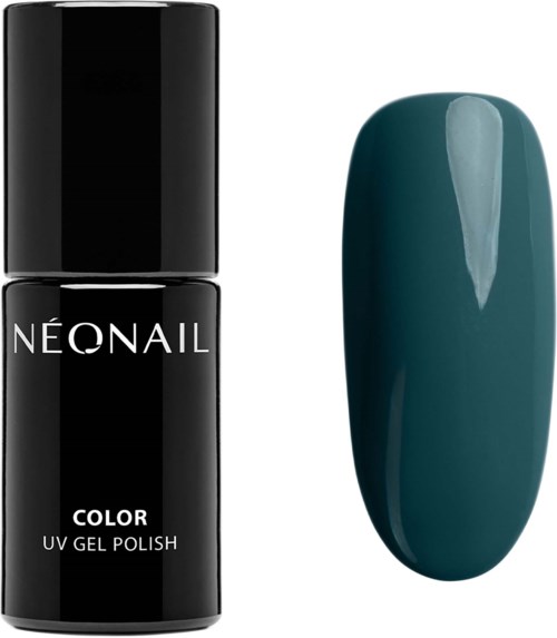 En svart flaska med Neonaill UV-gel lack bredvid en stor, tealfärgad, oval formad nagelprov.