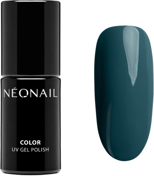 A black nail polish bottle and a long, teal-colored painted nail. The bottle has white text reading "NEONAiL" and "COLOR UV GEL POLISH."