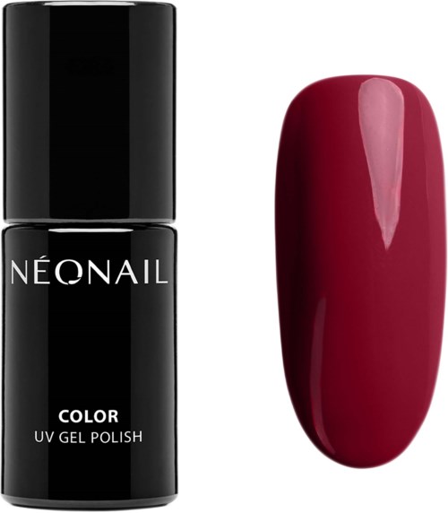 Eine schwarze Flasche Neonaill UV-Gel-Nagellack und ein lackierter Nagel in Dunkelrot.
