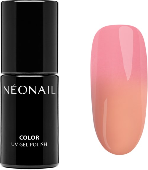 A black bottle of NEONAIL UV gel polish next to a peach-colored, shiny, elongated nail sample.