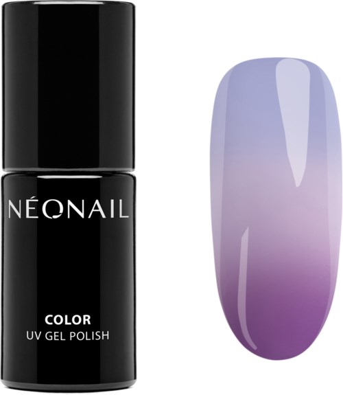 A black bottle labeled 'NÉONAIL COLOR UV Gel Polish' and a painted nail with a purple-to-light lavender gradient.