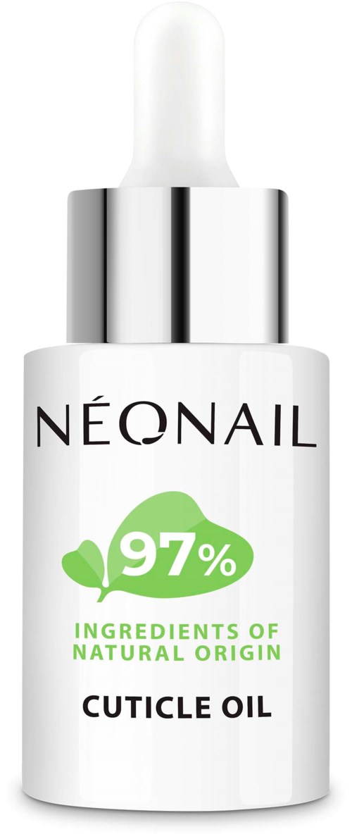 A white bottle with a dropper, labeled 'NEONAIL'. It claims 97% natural ingredients for cuticle oil.