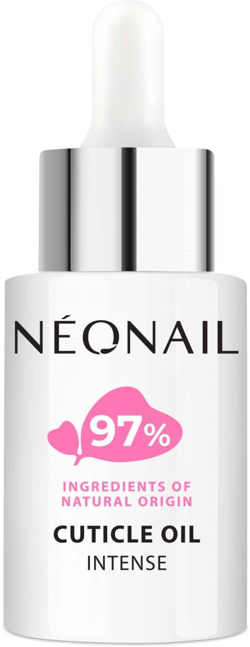 A white bottle with a silver cap labeled NEONAIL, 97% natural ingredients, for intense cuticle oil use.
