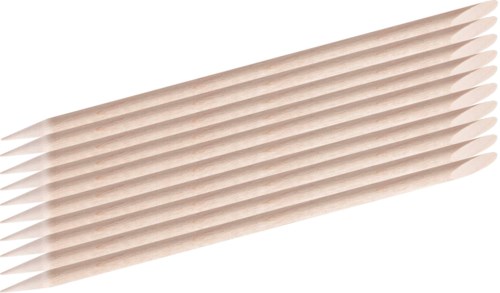 A pack of wooden cotton swabs with rounded tips, aligned in a clear plastic container.