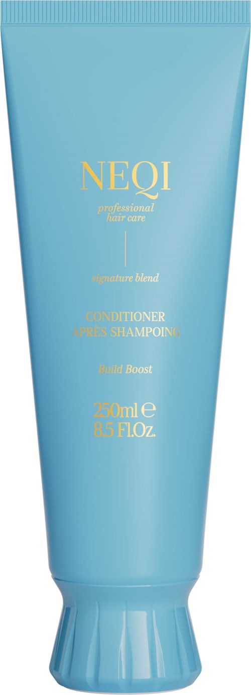 Blauwe tube Neqi conditioner en shampoo, 250 ml, met gouden tekst, rechtopstaand.