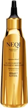 Gouden fles met zwarte pipet, gelabeled NEQI glass haarbehandeling voor hoofdhuid en wortel, 80ml.
