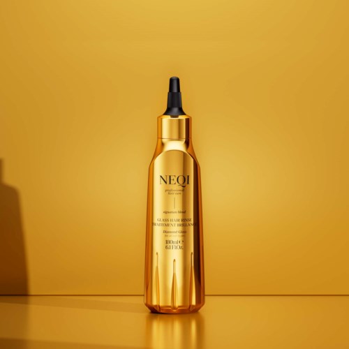 Een gouden fles met pipet, gemarkeerd NEQI, staat op een gele achtergrond.