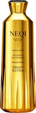 Een gouden fles met NEQI shampoo en glanzende dop, bevat haarverzorgingsproduct.