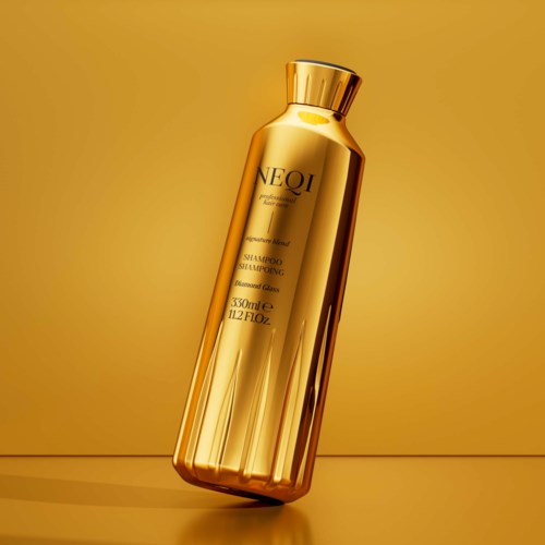 Een lange, glanzende gouden fles met NEQI shampoo, staand tegen een goudkleurige achtergrond.