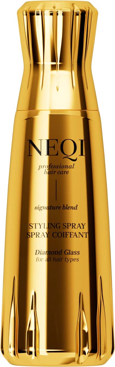 Een gouden flesje van NEQI professionele haarverzorgings-styling spray voor alle haartypes met diamantglasontwerp.