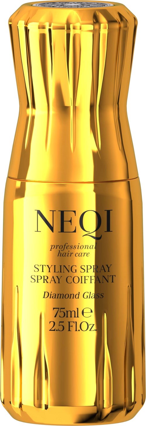 Eine goldene Sprühflasche mit NEQI diamond glass für Haarpflege, 75 ml, glänzendes, gewelltes Design.