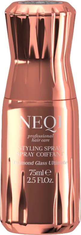 En roségull hårsprayflaske med blank, metallisk finish. Merket sier NEQI profesjonell hårpleie styling spray.