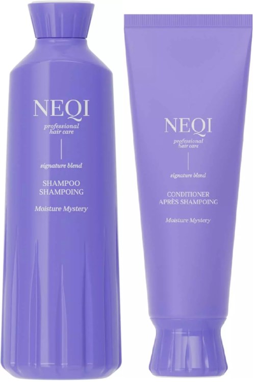 Lila shampoo- en conditionerflessen van NEQI voor haarverzorging. Beide zijn gemarkeerd, de ene is lang en de andere kort.