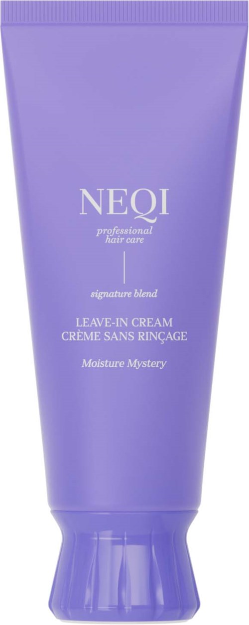 Paars tube van NEQI leave-in haarcrème met witte tekst, gelabeld als moisture mystery.