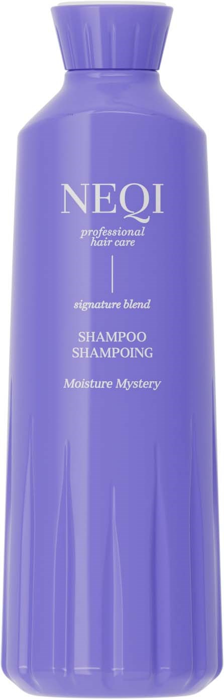 Een paarse shampoo fles met NEQI professional hair care, Signature Blend, Moisture Mystery en Shampoo.