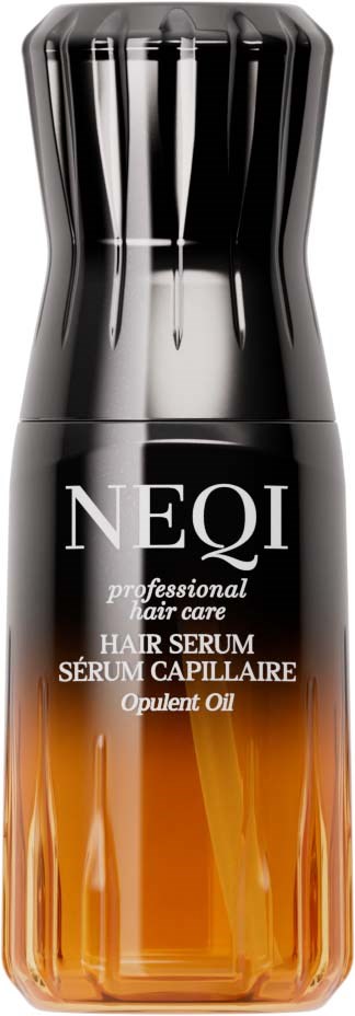 Een zwarte en oranje haarserumfles met een glanzende dop, gelabeld NEQI professionele haarverzorging, weelderige olie.