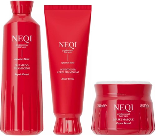 Three red hair care products: shampoo, conditioner, and mask from NEQI for repair and revival.