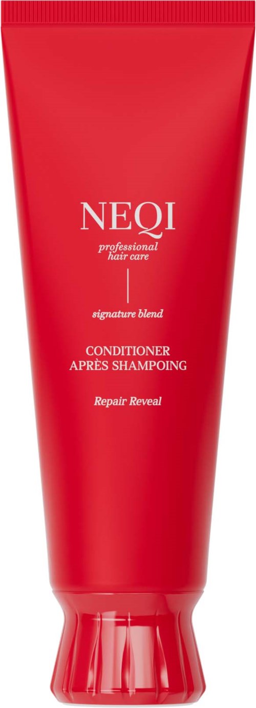 Rote Tube mit NEQI Profi-Haarpflege Conditioner mit weißem Text über Reparatur und Glanz.