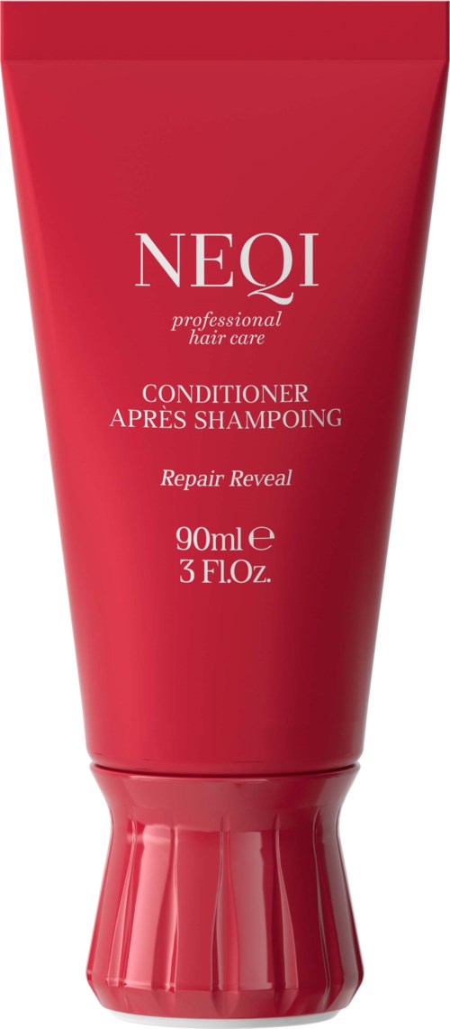 Rode tube met NEQI haarconditioner met witte tekst, vermeldt herstel en professionele verzorging, 90ml inhoud.