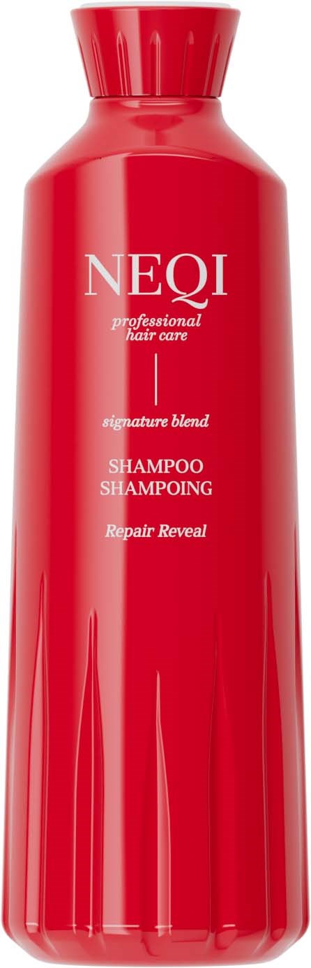 Een rode shampoo fles met witte tekst. Het zegt NEQI, professionele haarverzorging, signature blend, shampoo, en repair reveal.